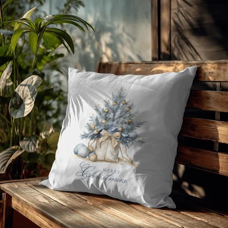 Elegant Merry Christmas Tree Gold Blue Watercolor Customized Photo Printed Cushion