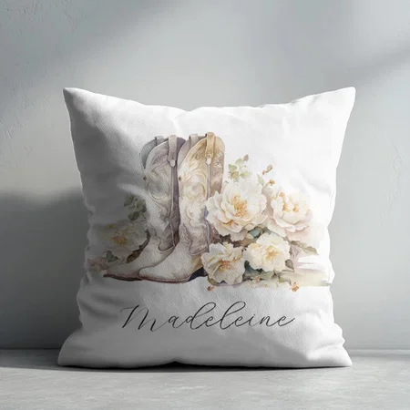 Romantic Floral Cowgirl Boots Calligraphy Name Customized Photo Printed Cushion