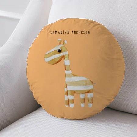 Modern Beauty Orange Giraffe With Name Customized Photo Printed Circle Cushion Pillow