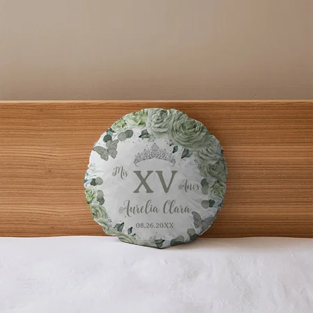 Quinceañera Sage Green Floral Butterflies Dress Customized Photo Printed Circle Cushion Pillow