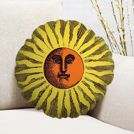 Vintage Celestial Yellow Smiling Happy Hippie Sun Customized Photo Printed Circle Cushion Pillow