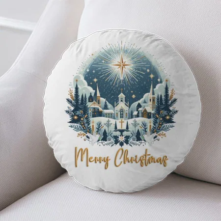 Merry Christmas Blue and Gold Customized Photo Printed Circle Cushion Pillow