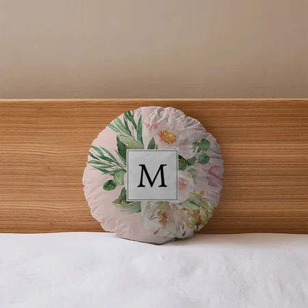 Modern Watercolor Pink Flowers Monogrammed Customized Photo Printed Circle Cushion Pillow