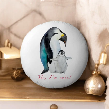 Cute Watercolor Emperor Penguins Customized Photo Printed Circle Cushion Pillow