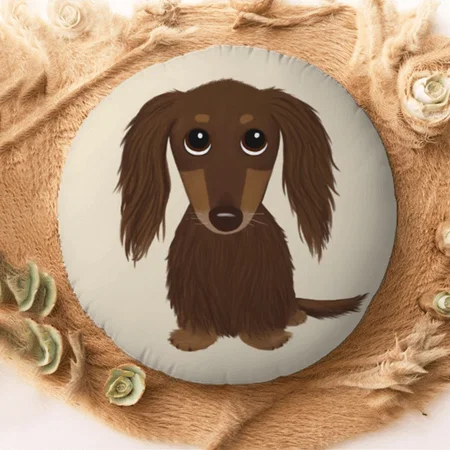 Cute Longhaired Chocolate Brown Dachshund Dog Customized Photo Printed Circle Cushion Pillow