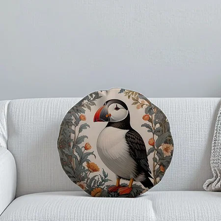 Atlantic Puffin Floral Customized Photo Printed Circle Cushion Pillow