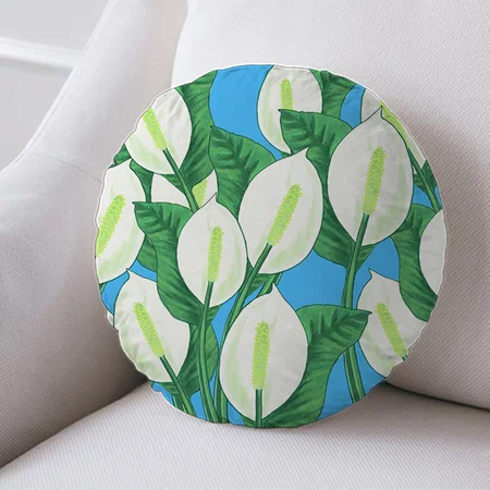 White Peace Lilies On Blue Background Customized Photo Printed Circle Cushion Pillow