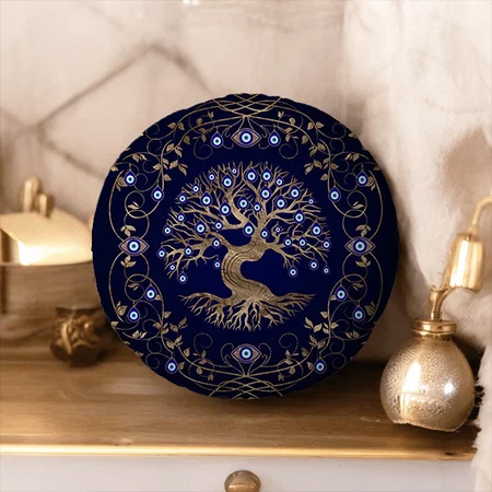 Tree of Life Evil Eye Ornament Customized Photo Printed Circle Cushion Pillow