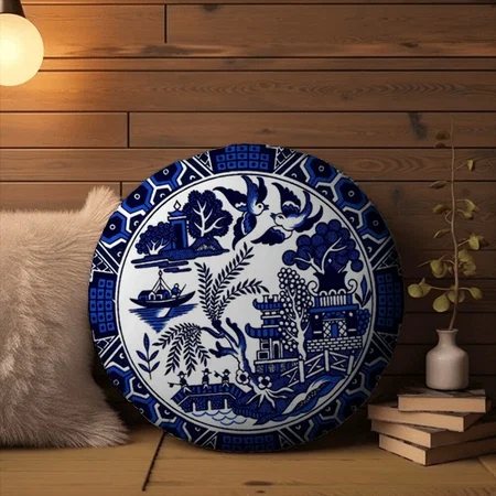 Blue & White China Blue Willow Design Customized Photo Printed Circle Cushion Pillow