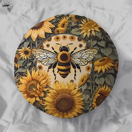 Vintage Bee and Sunflowers Customized Photo Printed Circle Cushion Pillow