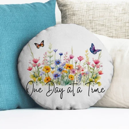 One Day at a Time Inspirational Quote Wildflowers Customized Photo Printed Circle Cushion Pillow