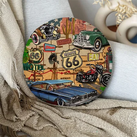 Vintage Route 66 Customized Photo Printed Circle Cushion Pillow