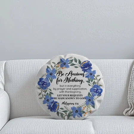 Philippians 4:6 Be Anxious for Nothing Blue Floral Customized Photo Printed Circle Cushion Pillow