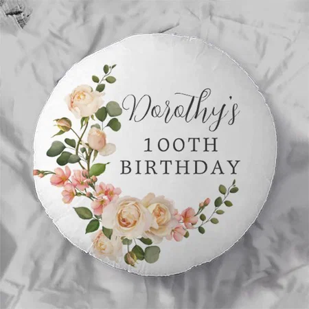 Rustic Ivory White Floral 100th Birthday Gift Customized Photo Printed Circle Cushion Pillow