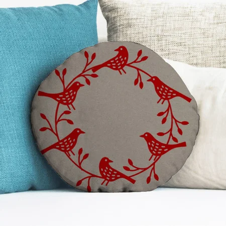 Scandinavian Birds with Rosehips Wreath Customized Photo Printed Circle Cushion Pillow