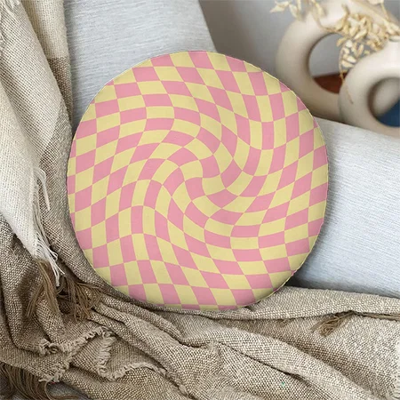 Warped Check Retro Checkerboard Pink Customized Photo Printed Circle Cushion Pillow