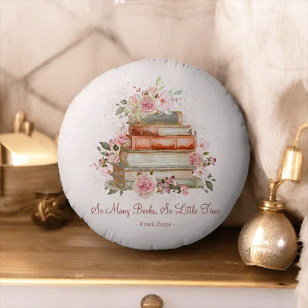 Custom Quote Books and Vintage Pink Roses Customized Photo Printed Circle Cushion Pillow