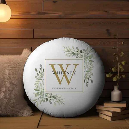 Elegant Greenery Gold Monogram Customized Photo Printed Circle Cushion Pillow