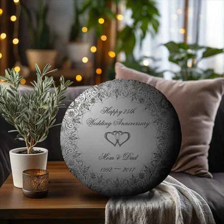 Flourish Silver 25th Wedding Anniversary Customized Photo Printed Circle Cushion Pillow