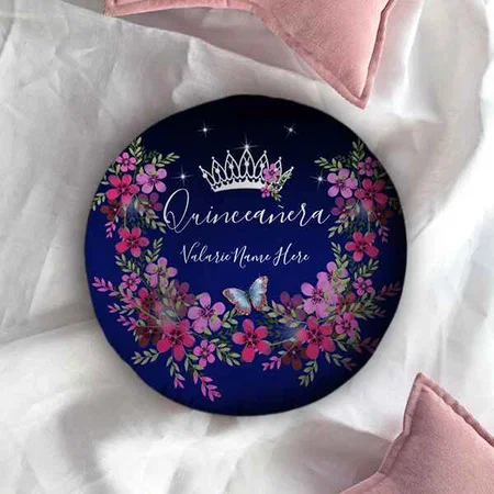 Blue Flowers and Butterfly Customized Photo Printed Circle Cushion Pillow