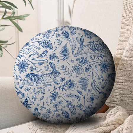 Blue Vintage Rabbits and Spring Flowers Pattern Customized Photo Printed Circle Cushion Pillow