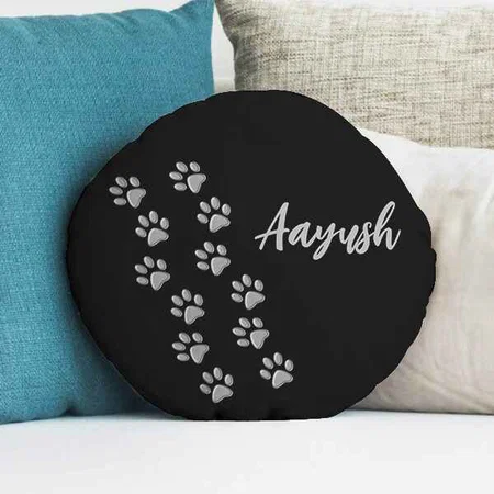 Silver Dog Paws Black Background Customized Photo Printed Circle Cushion Pillow