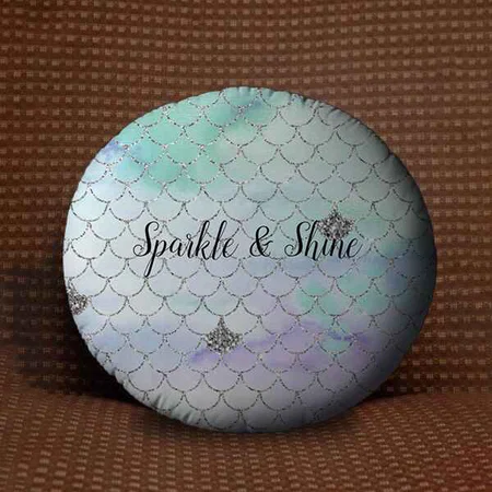 Girly Mint Purple Silver Glitter Mermaid Customized Photo Printed Circle Cushion Pillow