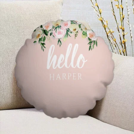Pastel Pink Modern Flowers Hello Customized Photo Printed Circle Cushion Pillow