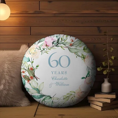 Diamond Wedding Anniversary Roses Garland Customized Photo Printed Circle Cushion Pillow