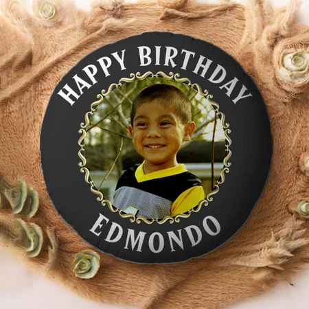 Birthday Photo Name Gold Circle Customized Photo Printed Circle Cushion Pillow