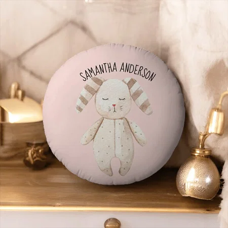 Modern Beauty Pastel Pink Bunny With Name Customized Photo Printed Circle Cushion Pillow