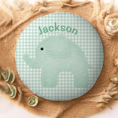 Elephant Green Plaid Gingham Nursery Customized Photo Printed Circle Cushion Pillow