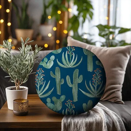Succulents And Saguaro Cacti Plants On Blue Customized Photo Printed Circle Cushion Pillow