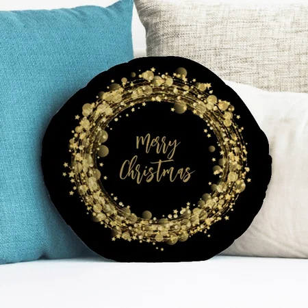 Merry Christmas Gold Stars on Black Round Customized Photo Printed Circle Cushion Pillow