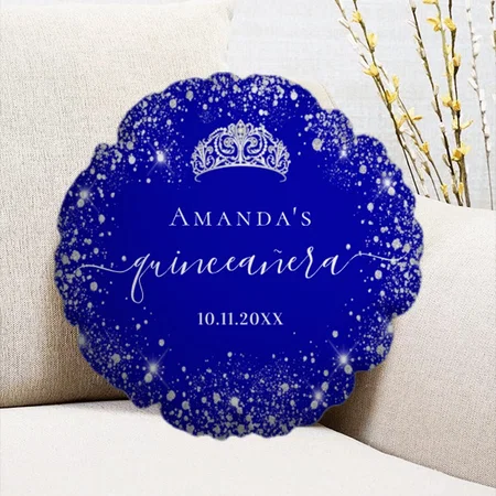 Quinceanera Royal Blue Silver Glitter Tiara Name Customized Photo Printed Circle Cushion Pillow