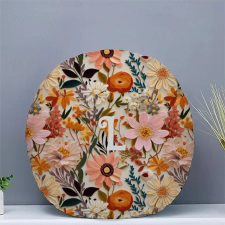 Burnt Orange Wildflower Cottagecore Monogram Customized Photo Printed Circle Cushion Pillow