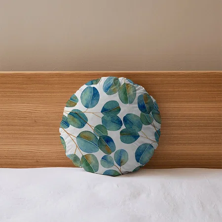 Rustic Watercolor Eucalyptus Leaves Customized Photo Printed Circle Cushion Pillow