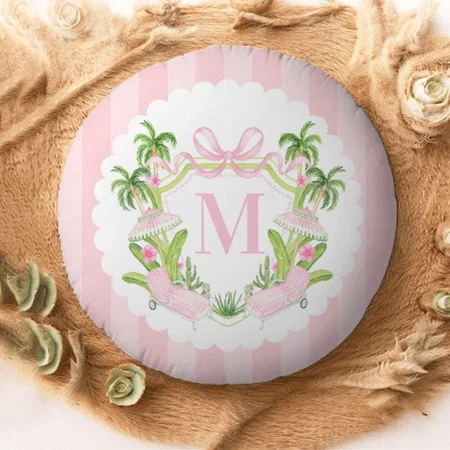 Palm Beach Pink Loungers Monogram Crest Customized Photo Printed Circle Cushion Pillow