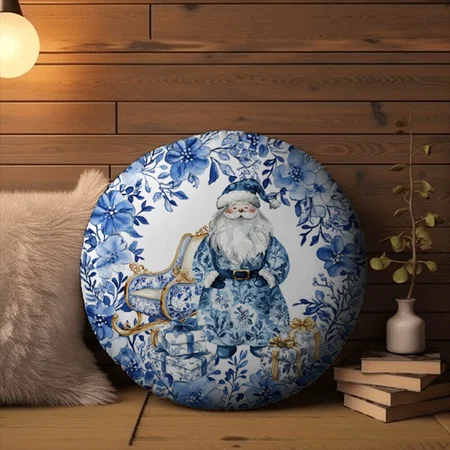Chinoiserie Blue White Floral Christmas Santa Customized Photo Printed Circle Cushion Pillow