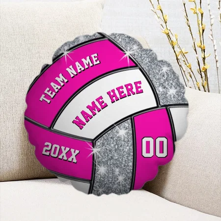Pink, White, Silver Personalized Volleyball Customized Photo Printed Circle Cushion Pillow