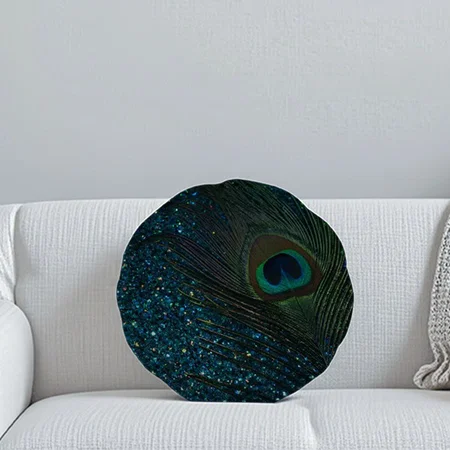 Glittery Aqua Blue Peacock Customized Photo Printed Circle Cushion Pillow