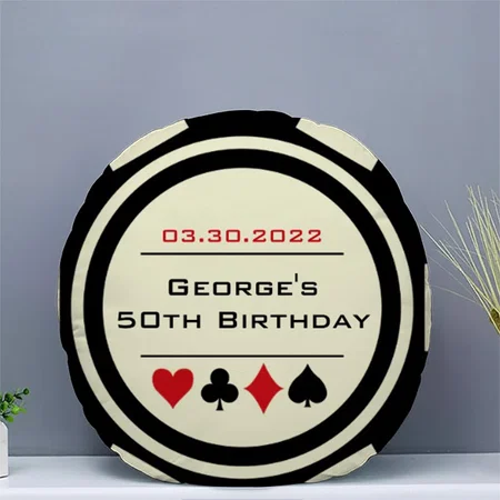 Poker Chip Style Black and Creamy White Birthday Customized Photo Printed Circle Cushion Pillow