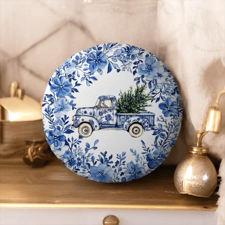 Chinoiserie Blue White Floral Christmas Truck Customized Photo Printed Circle Cushion Pillow