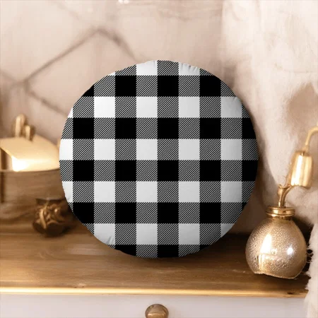 Black White Buffalo Plaid Farmhouse Decor Customized Photo Printed Circle Cushion Pillow