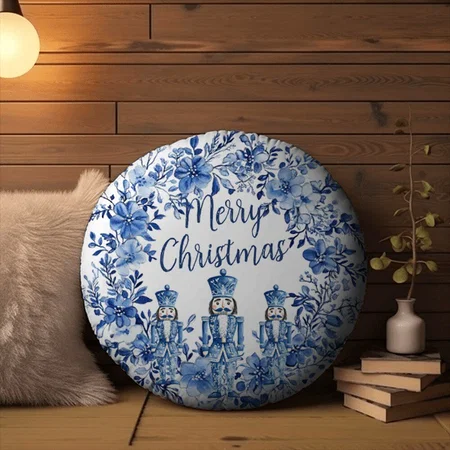 Chinoiserie Blue White Floral Nutcracker Soldiers Customized Photo Printed Circle Cushion Pillow