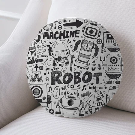 Doodle Robot Element, Illustrator Line Tools Drawing Customized Photo Printed Circle Cushion Pillow