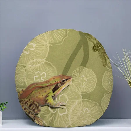 Frog and Dragonfly on Water Lilies Customized Photo Printed Circle Cushion Pillow