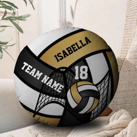 Gold, White and Black Volleyball Customized Photo Printed Circle Cushion Pillow