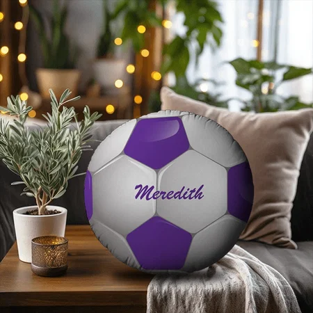 Football Soccer Ball Purple and White Customized Photo Printed Circle Cushion Pillow