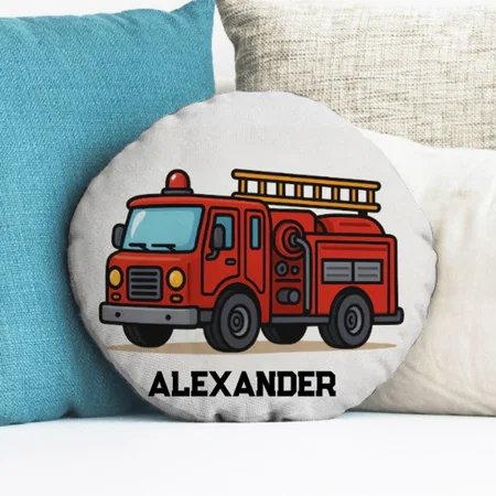 Firetruck Personalised Name Kids Customized Photo Printed Circle Cushion Pillow